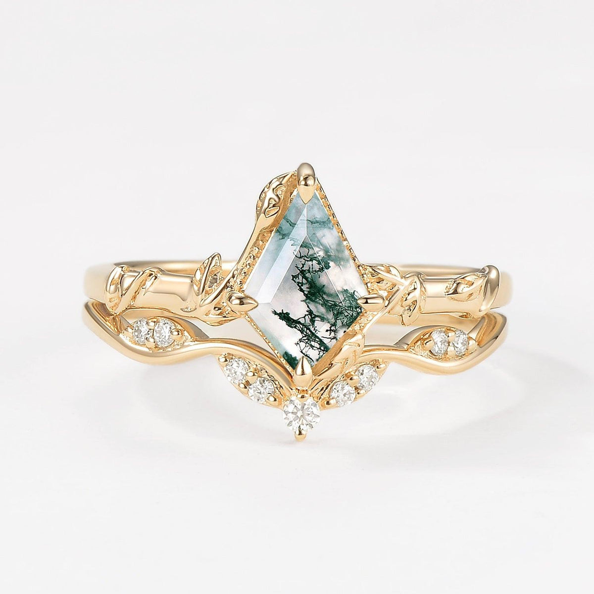 Unique Leafy Moss Agate Ring Sets 2pcs.
