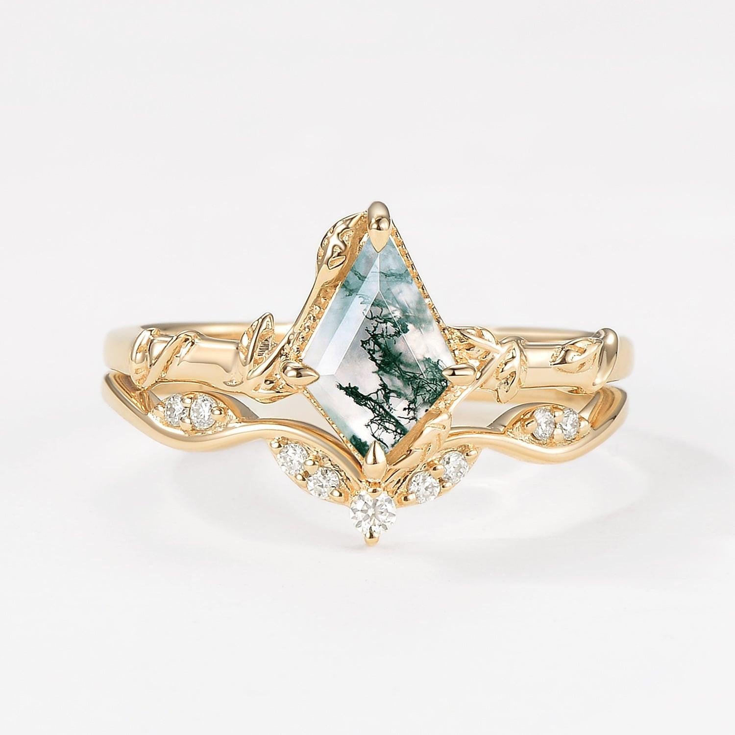 Unique Leafy Moss Agate Ring Sets 2pcs.