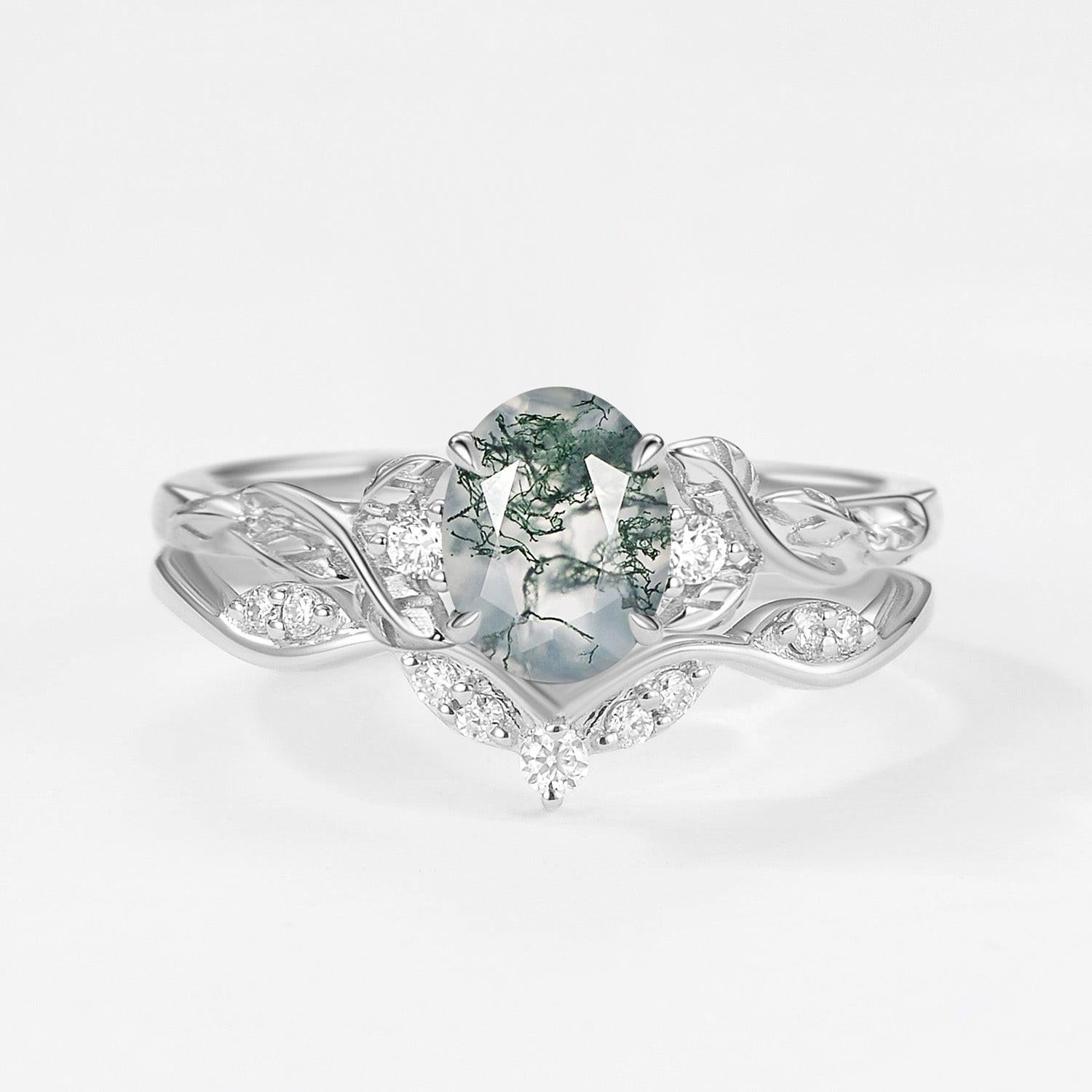 Oval Shaped Moss Agate Leafy Engagement Ring Set 2pcs.