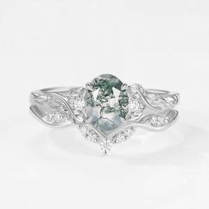 Oval Shaped Moss Agate Leafy Engagement Ring Set 2pcs.