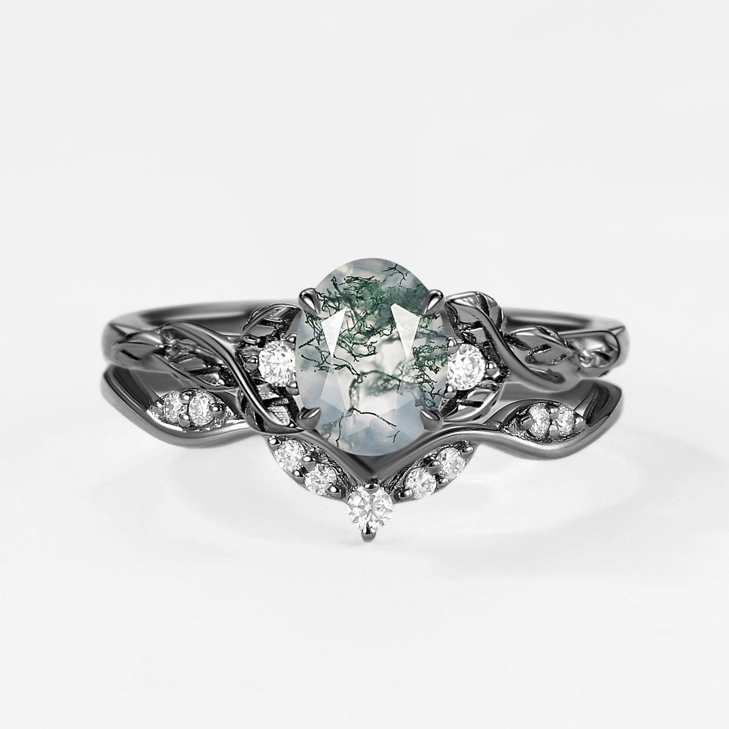 Oval Shaped Moss Agate Leafy Engagement Ring Set 2pcs.