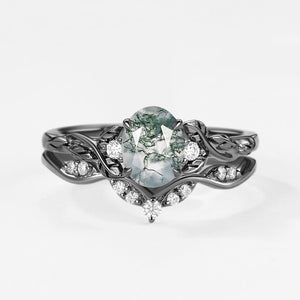 Oval Shaped Moss Agate Leafy Engagement Ring Set 2pcs.