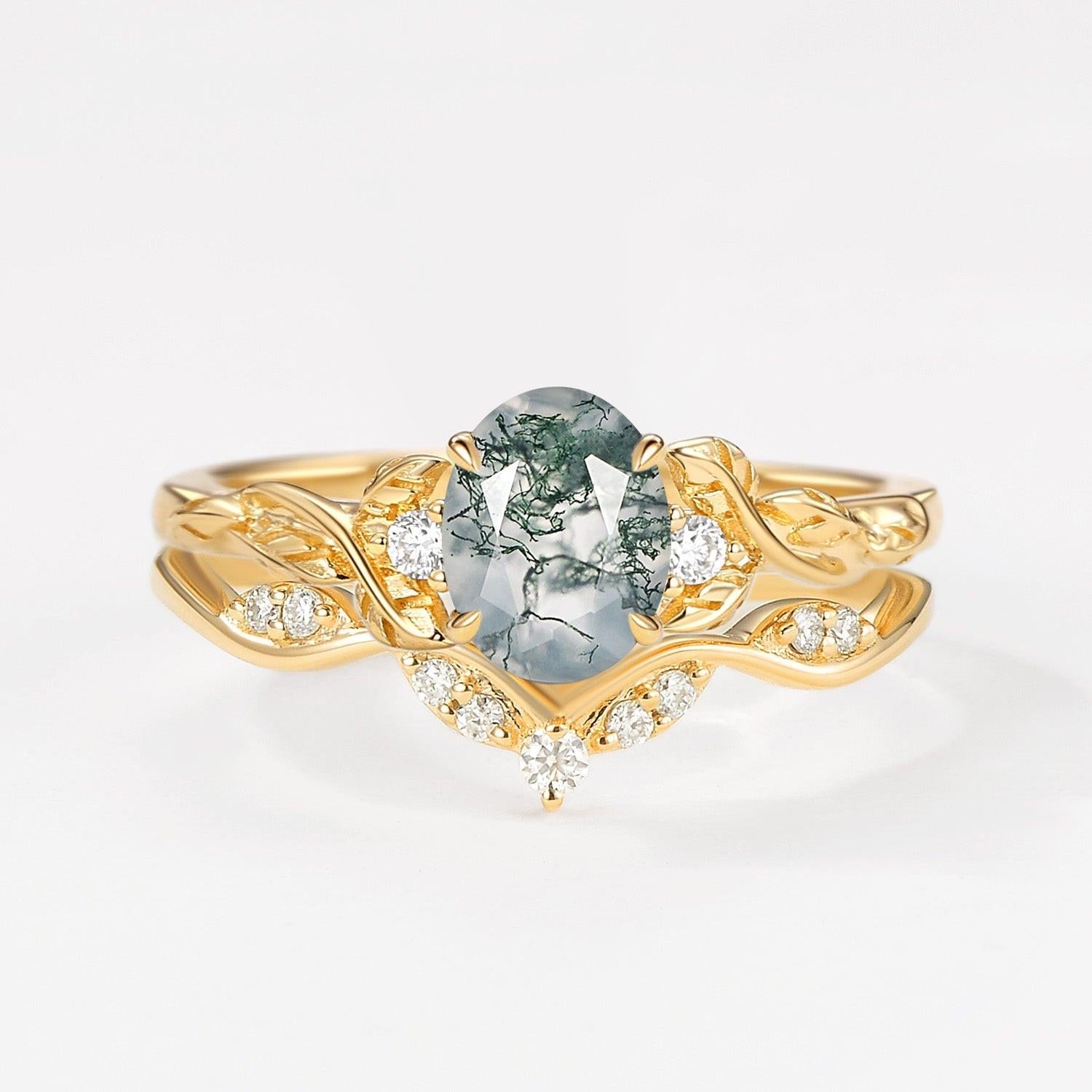Oval Shaped Moss Agate Leafy Engagement Ring Set 2pcs.