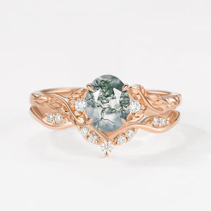 Oval Shaped Moss Agate Leafy Engagement Ring Set 2pcs.