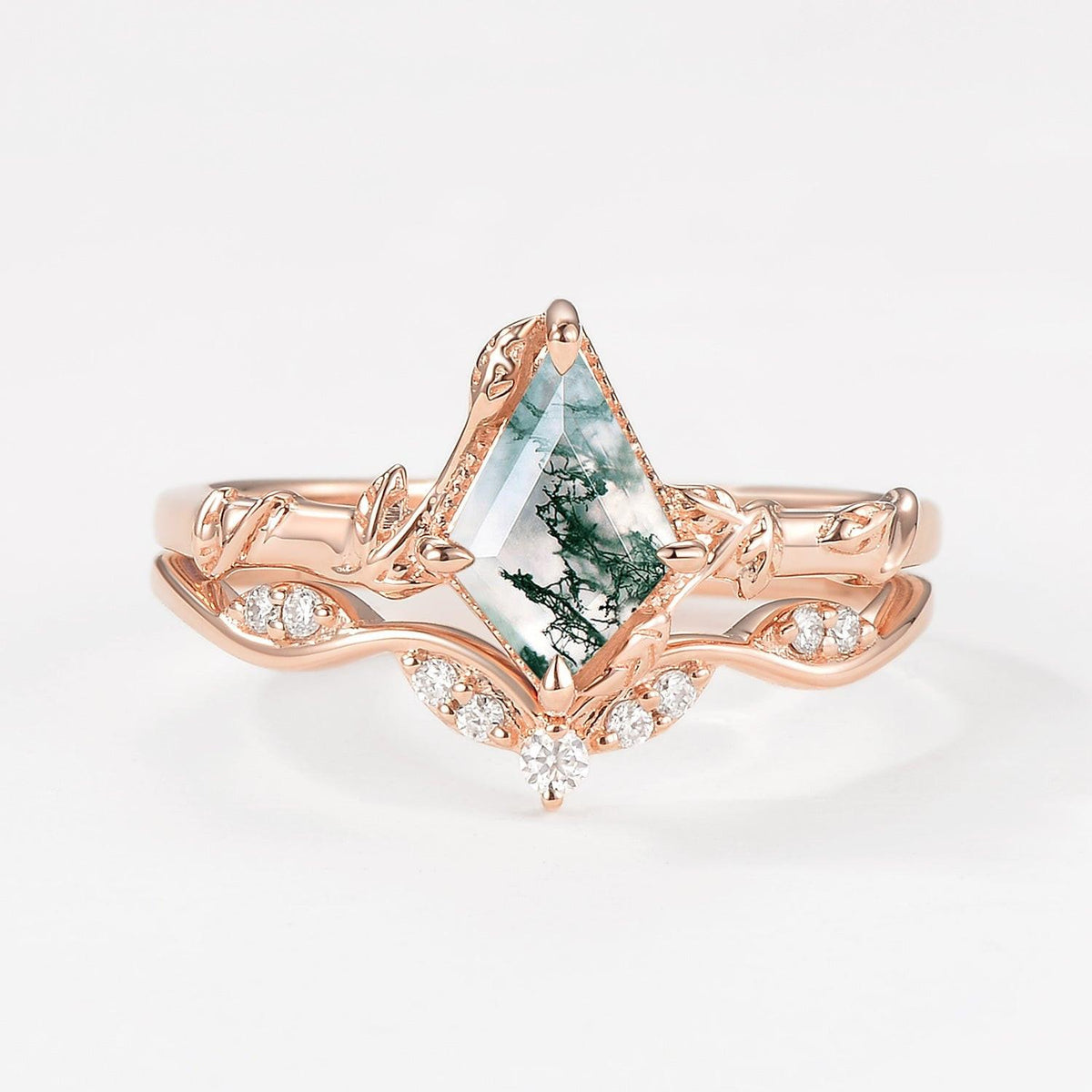 Unique Leafy Moss Agate Ring Sets 2pcs.