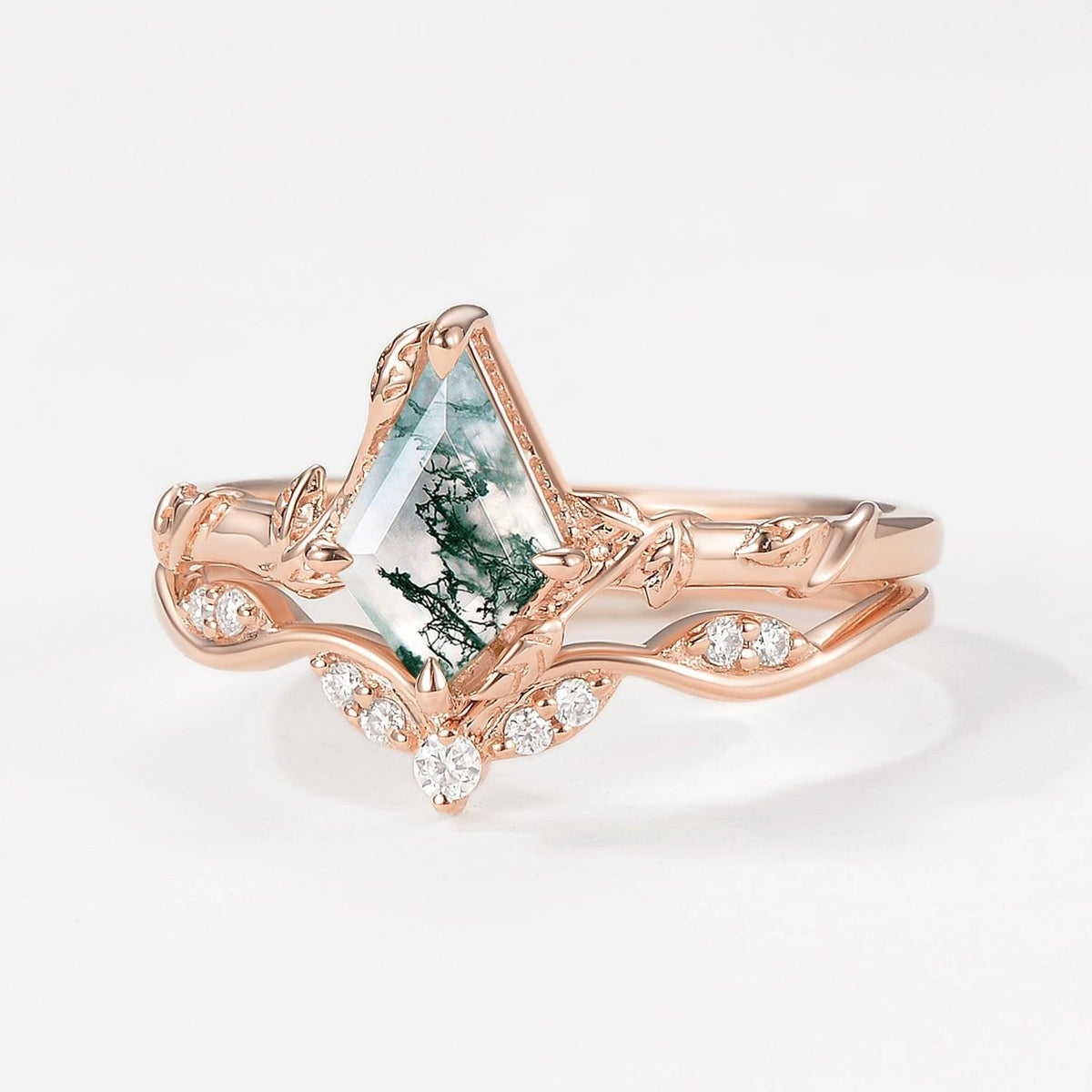 Unique Leafy Moss Agate Ring Sets 2pcs.