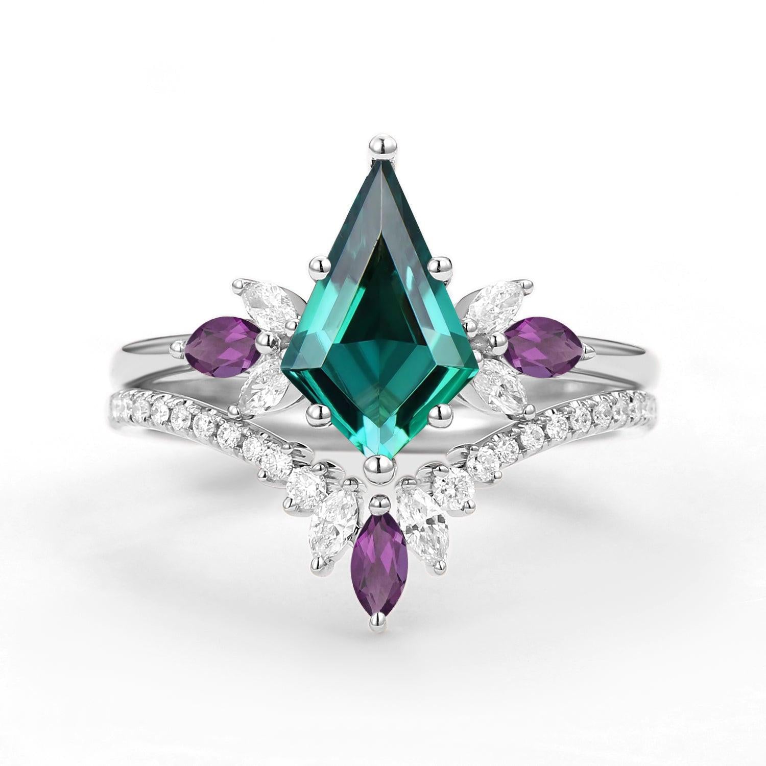 Butterfly Fairy - Unique Kite Cut Moss Agate & Amethyst Engagement Ring Set 2pcs.
