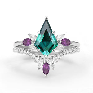 Butterfly Fairy - Unique Kite Cut Moss Agate & Amethyst Engagement Ring Set 2pcs.