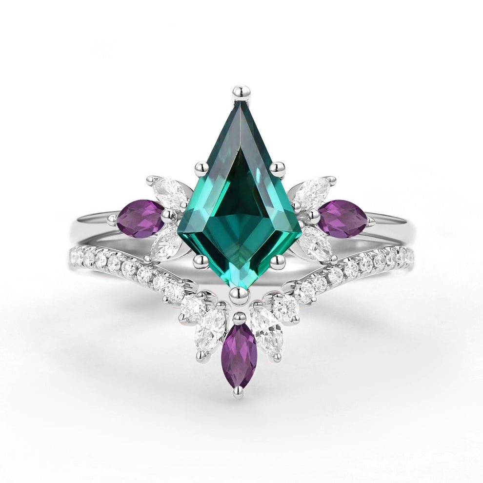 Butterfly Fairy - Unique Kite Cut Moss Agate & Amethyst Engagement Ring Set 2pcs.