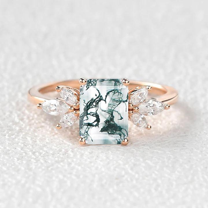 Sylvie’s Lattice | Emerald Cut Moss Agate Cluster Engagement Ring.
