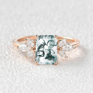 Sylvie’s Lattice | Emerald Cut Moss Agate Cluster Engagement Ring.