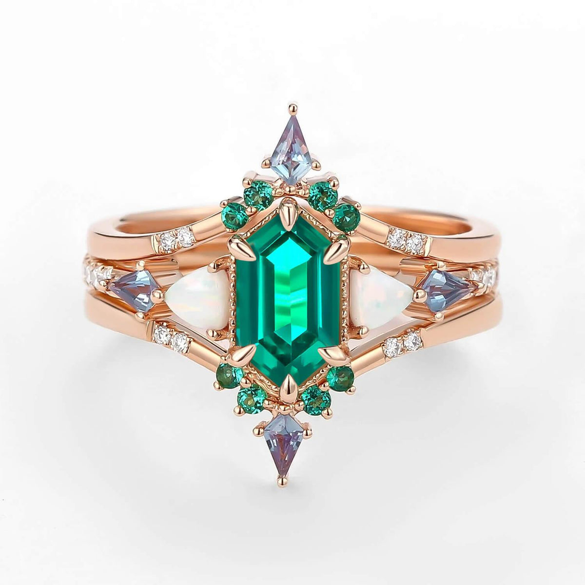 Max Hexagon Moss Agate & Opal & Emerald Engagement Ring Set 3pcs.
