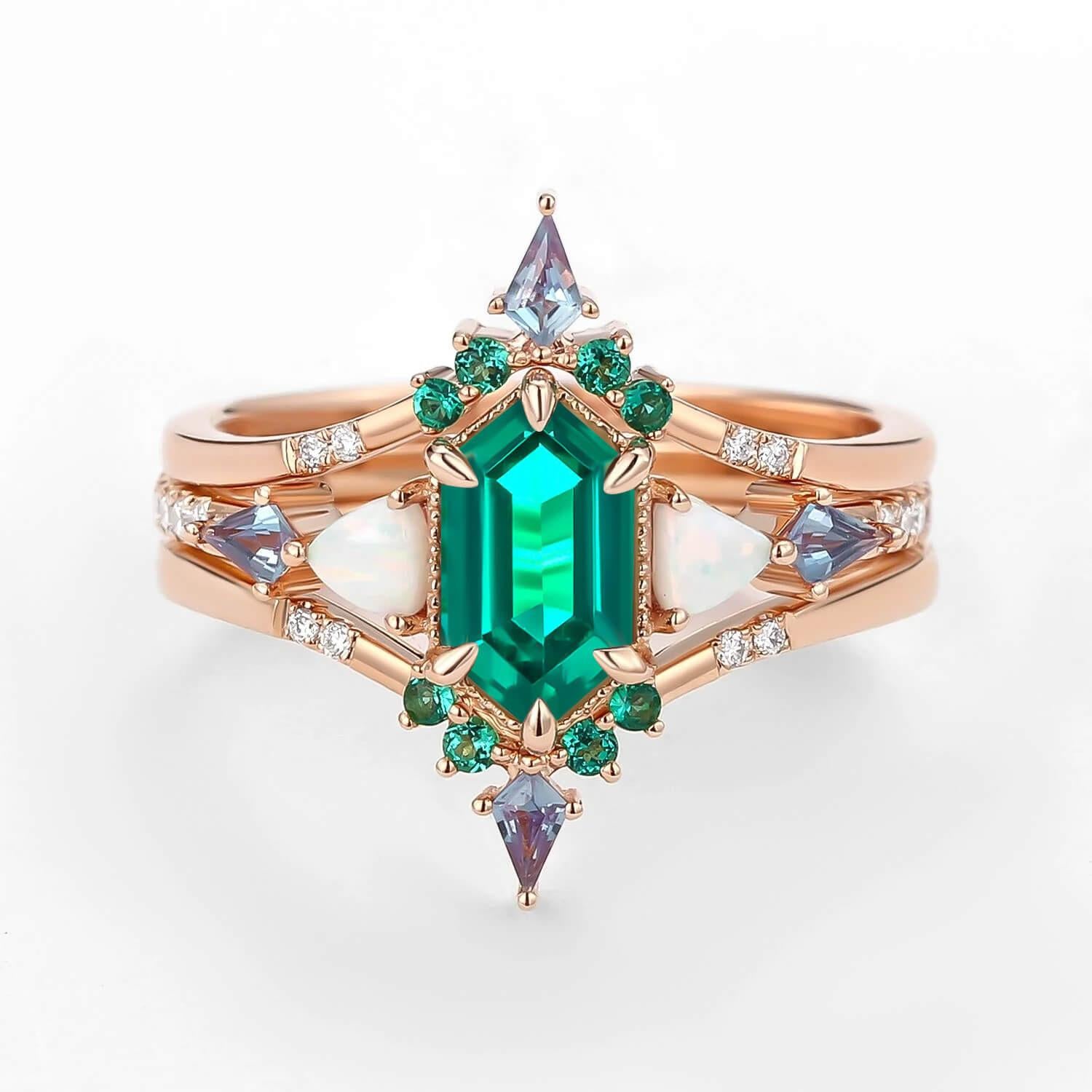 Max Hexagon Moss Agate & Opal & Emerald Engagement Ring Set 3pcs.