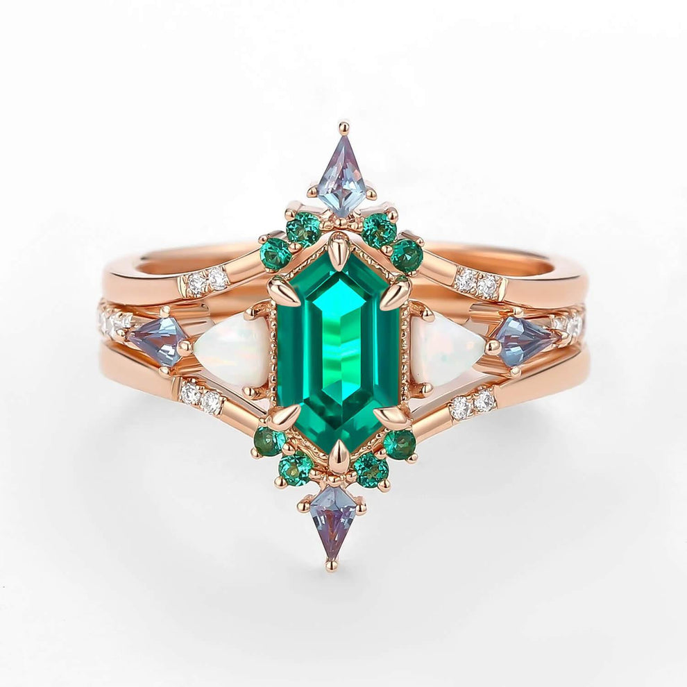 Max Hexagon Moss Agate & Opal & Emerald Engagement Ring Set 3pcs.