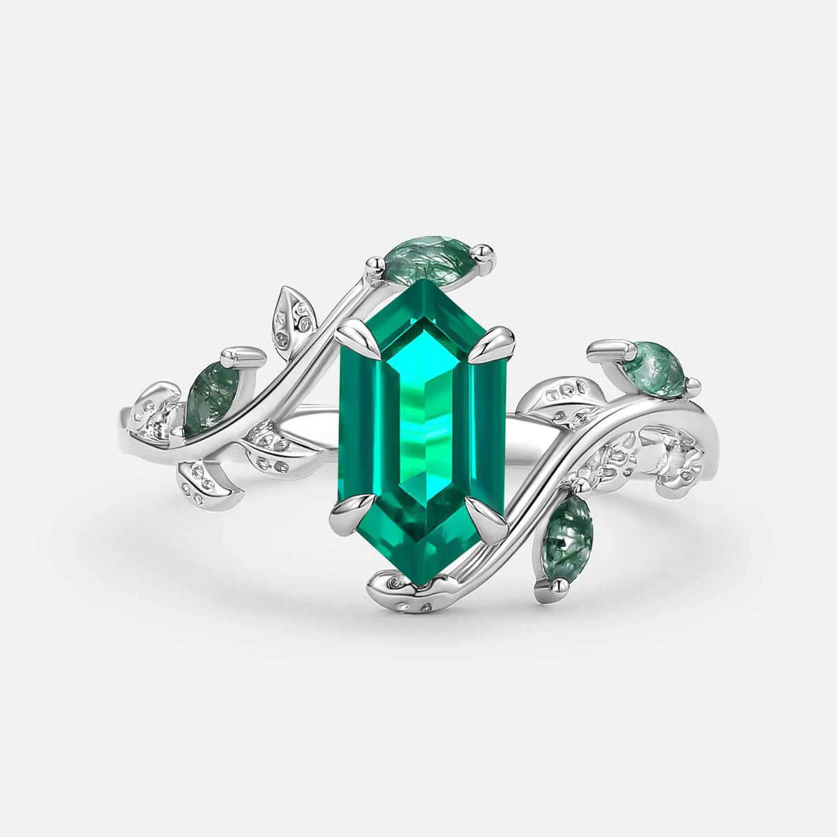 Sylvie’s Herbarium | Vintage Hexagon Moss Agate & Emerald Leafy Engagement Ring.