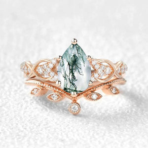 Pear Shaped Moss Agate Infinity Leafy Bridal Ring Set 2pcs.
