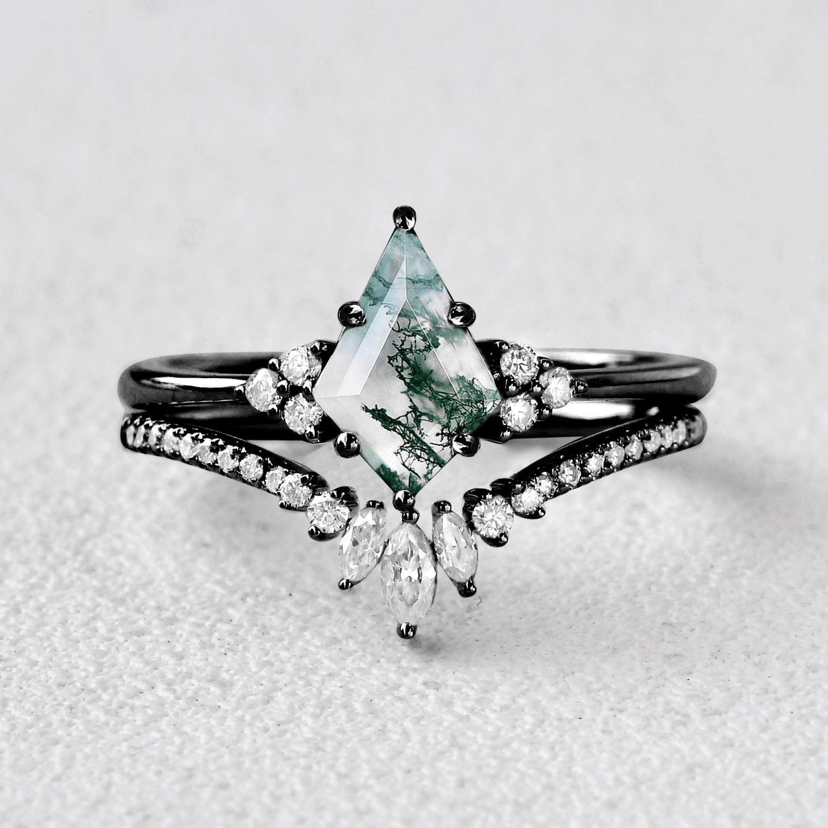 Elara’s Shadow | Kite Cut Moss Agate Black Gold  Bridal Set 2pcs.