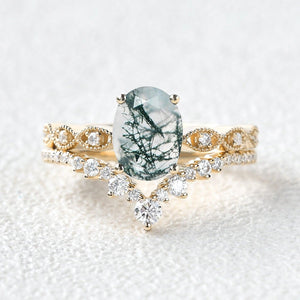 Unique Oval Moss Agate Signature Vintage Ring Set 2pcs.