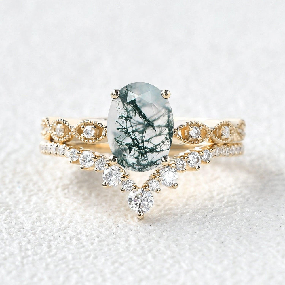 Unique Oval Moss Agate Signature Vintage Ring Set 2pcs.
