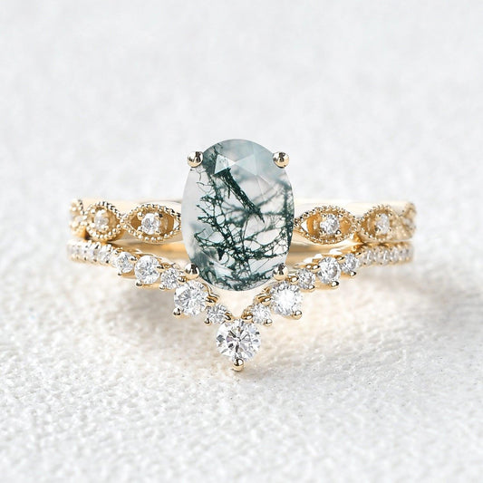 Unique Oval Moss Agate Signature Vintage Ring Set 2pcs.