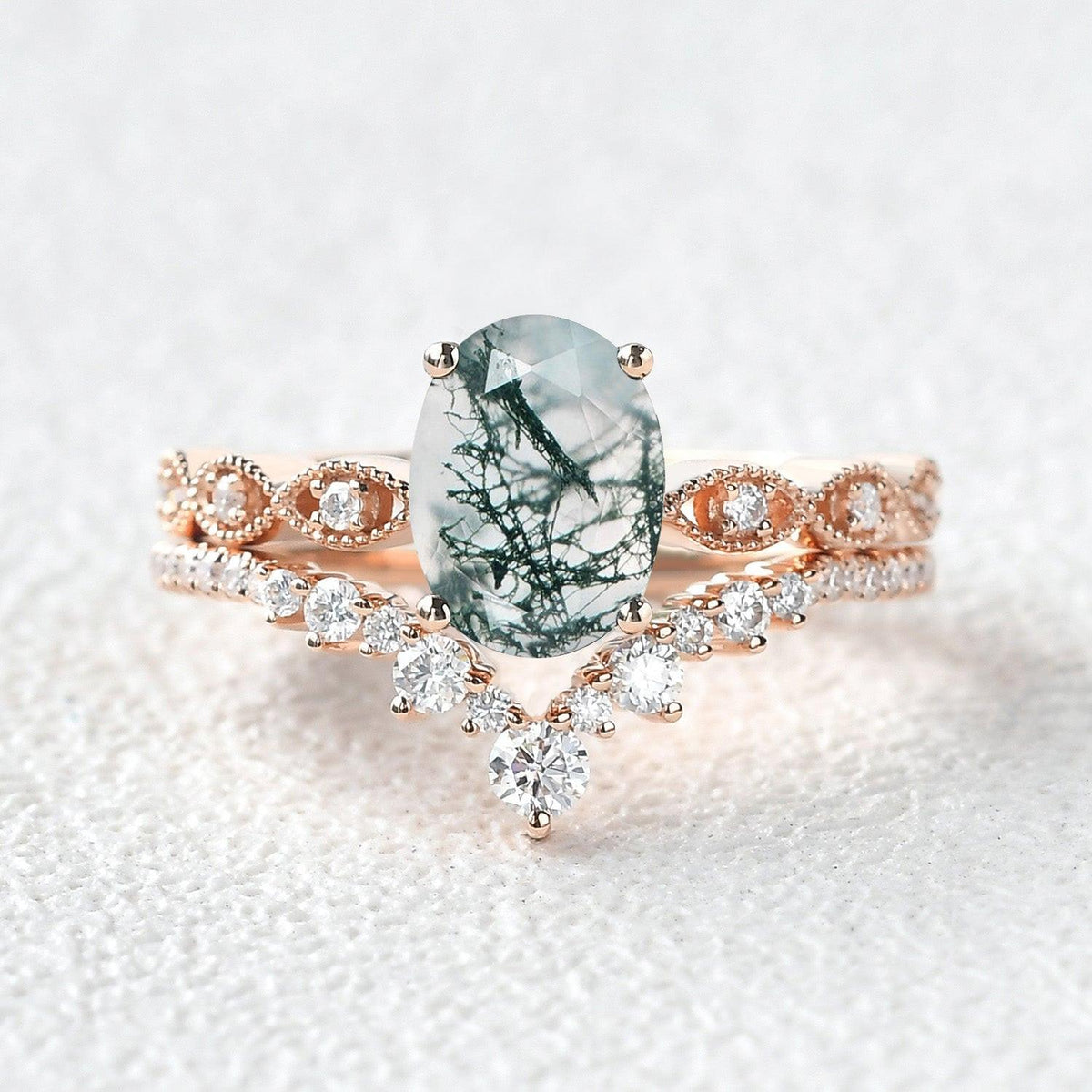 Unique Oval Moss Agate Signature Vintage Ring Set 2pcs.