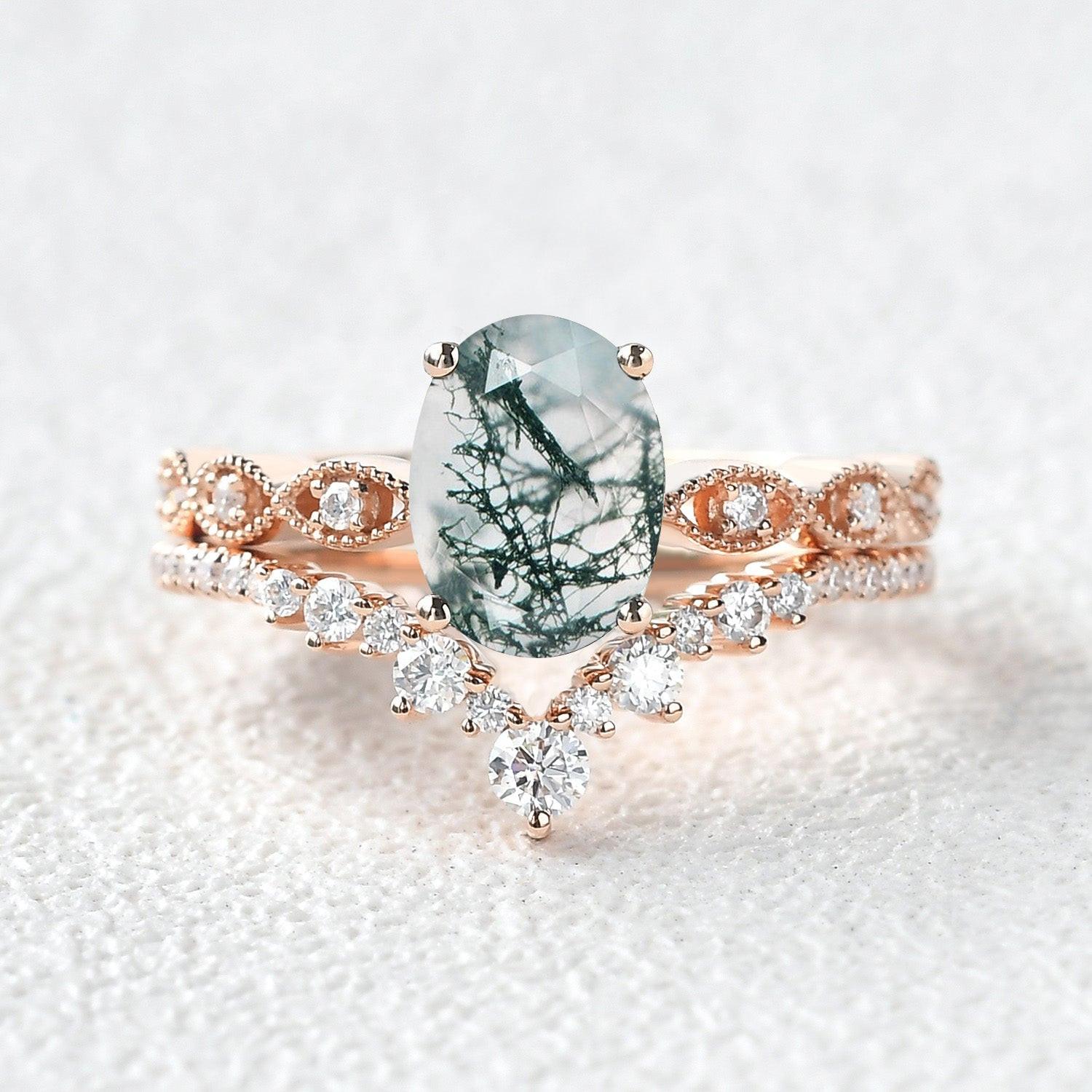 Unique Oval Moss Agate Signature Vintage Ring Set 2pcs.
