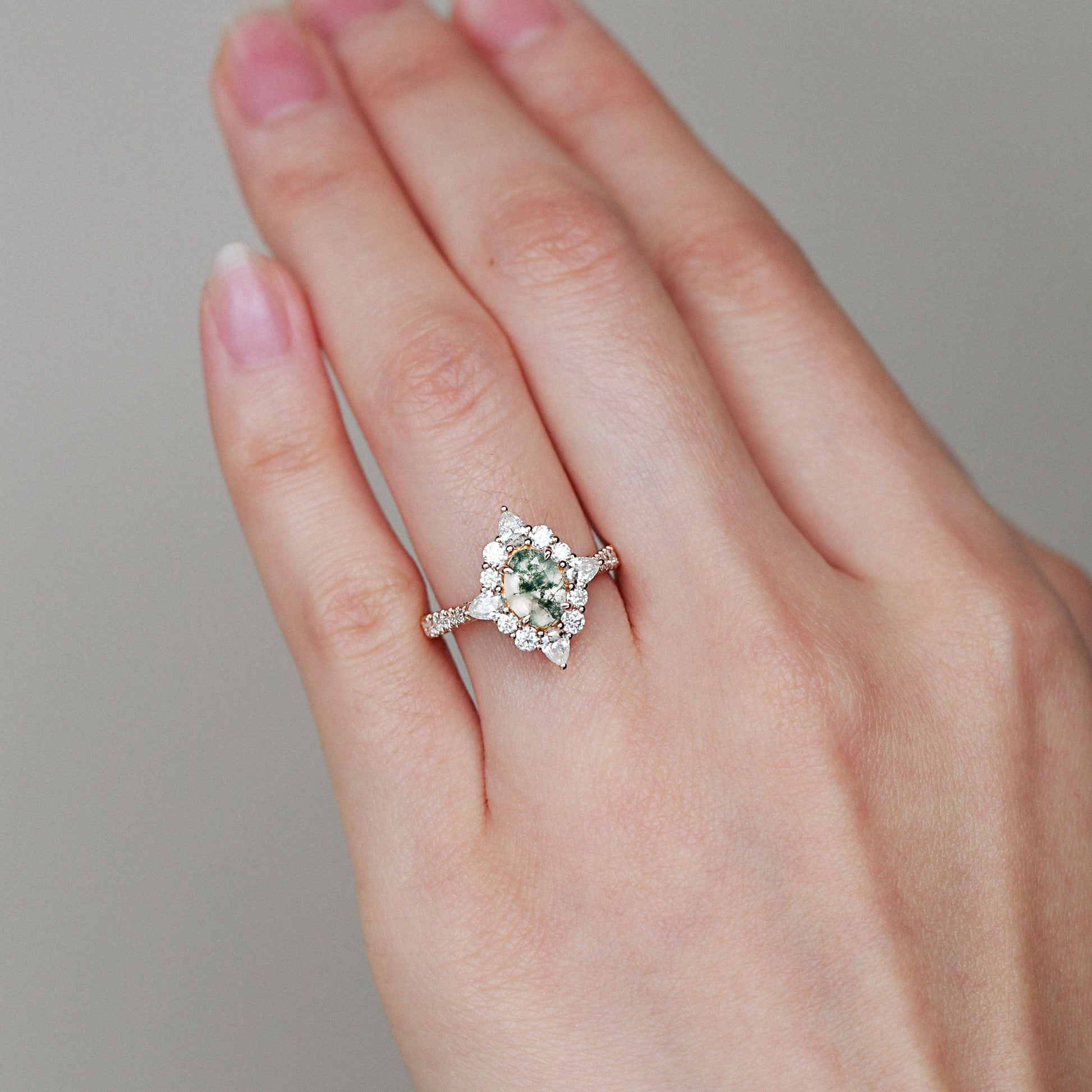 Vintage Oval Cut Moss Agate Halo Engagement Ring.
