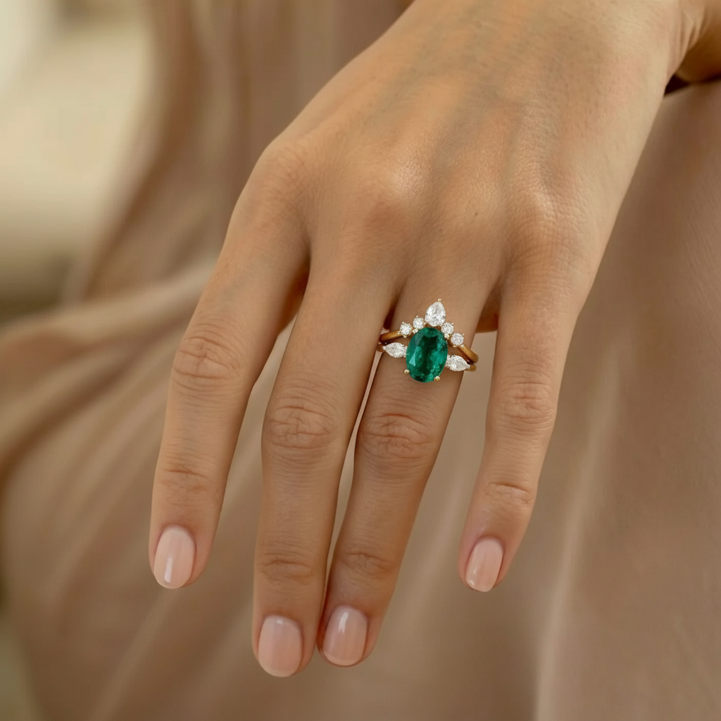 Vera's Grace | Vintage Oval Emerald & Moissanite Bridal Set 2pcs.