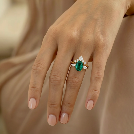 Vera's Grace | Vintage Oval Emerald & Moissanite Bridal Set 2pcs.