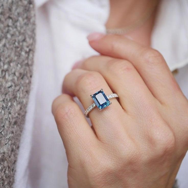Ianthe’s Azure | 3CT Emerald‑Cut Sapphire Solitaire Engagement Ring.