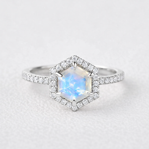 Vintage Hexagon Moonstone & Moissantie Halo Ring.
