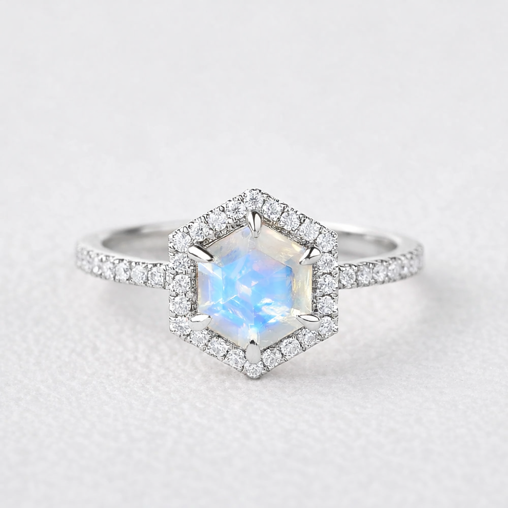 Vintage Hexagon Moonstone & Moissantie Halo Ring.