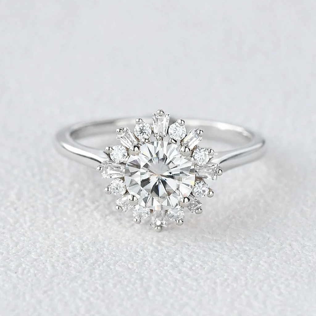 Sunflower Moissanite Halo Yellow Gold Inspired Ring.