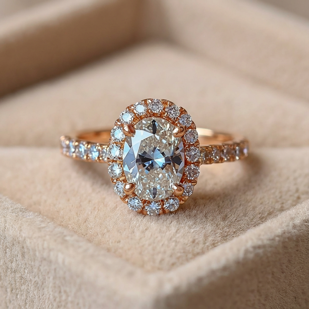 Odette‘s Halo | Oval Moissanite Ring in Morning Light.