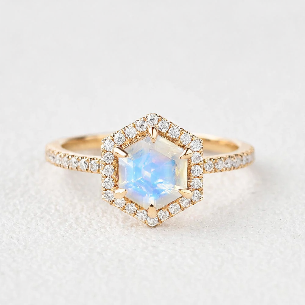 Vintage Hexagon Moonstone & Moissantie Halo Ring.