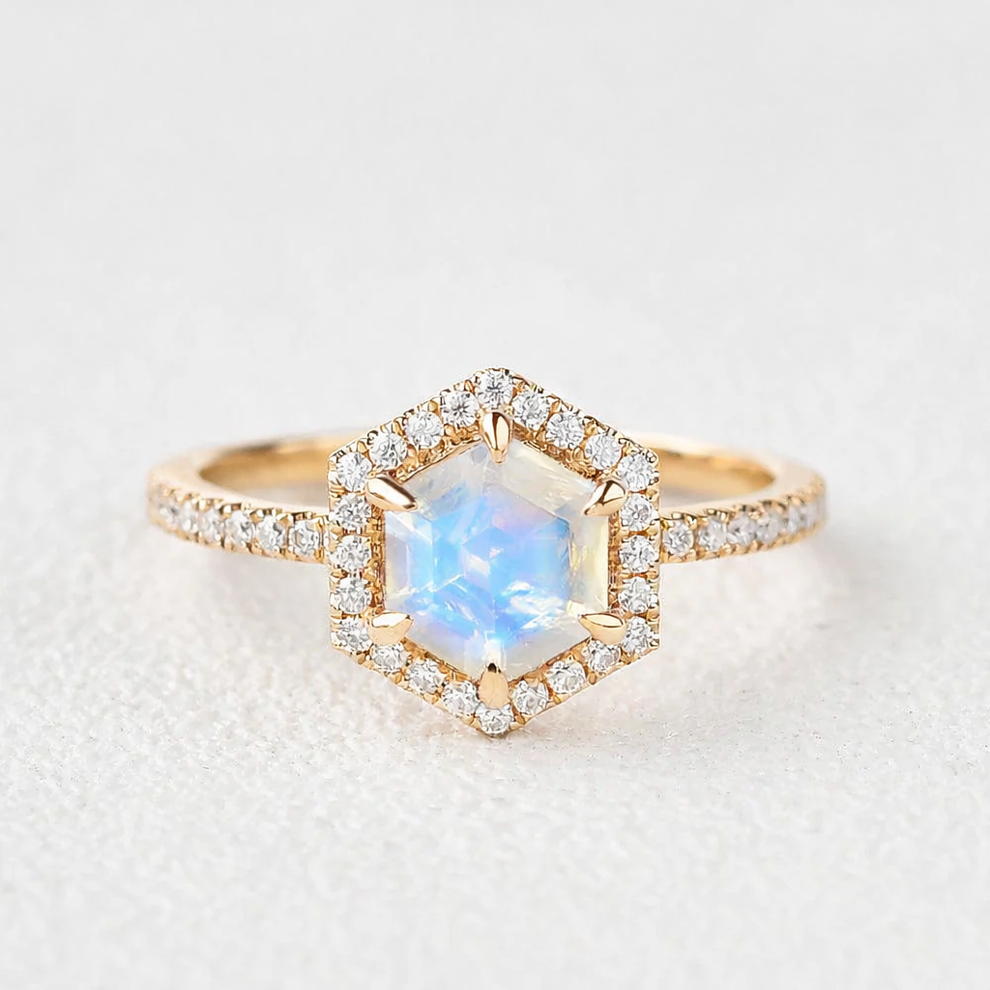 Vintage Hexagon Moonstone & Moissantie Halo Ring.