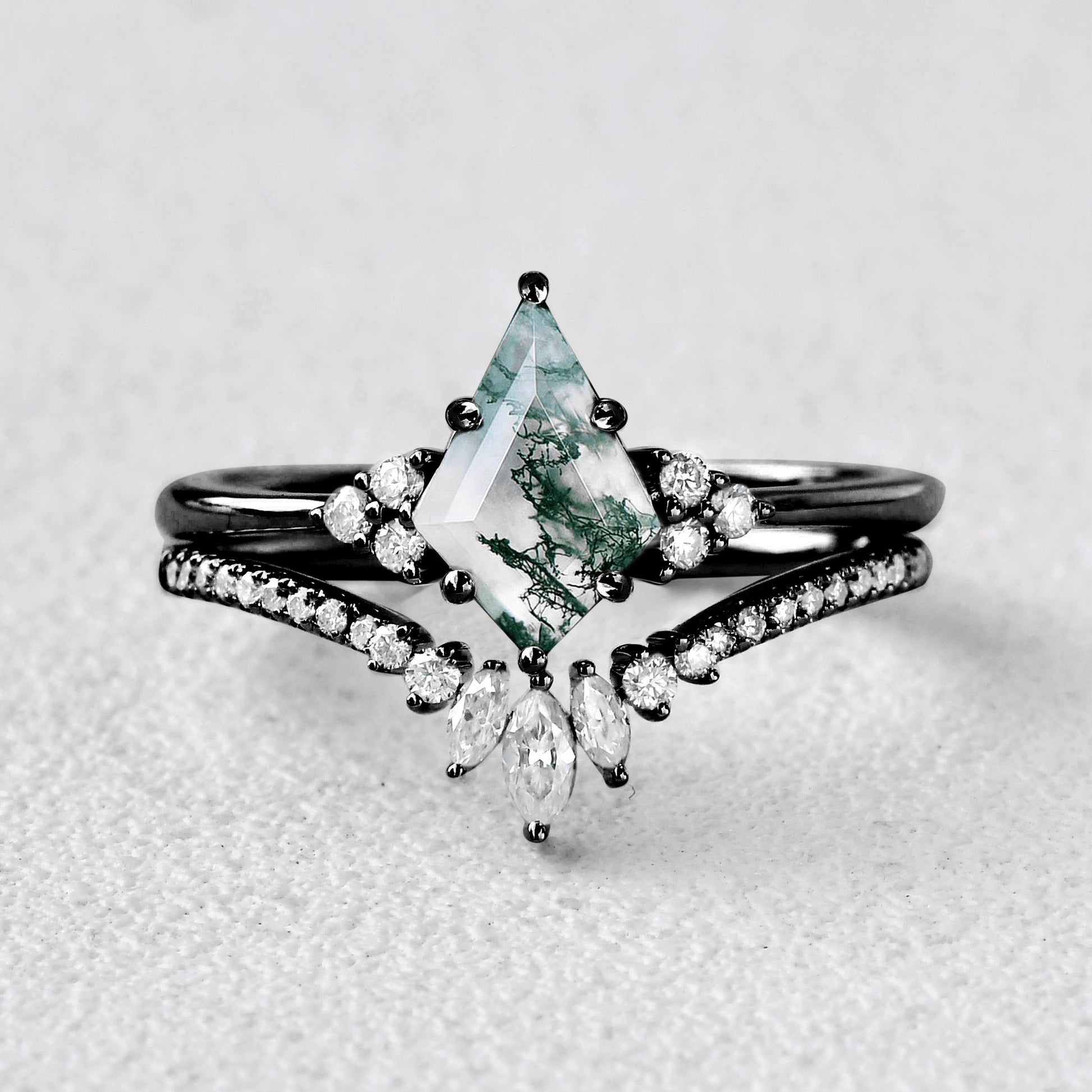 Elara’s Grove | Kite Cut Moss Agate Engagement Ring Set 2pcs