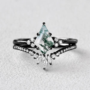 Elara’s Grove | Kite Cut Moss Agate Engagement Ring Set 2pcs