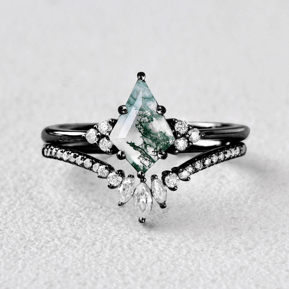 Elara’s Grove | Kite Cut Moss Agate Engagement Ring Set 2pcs.