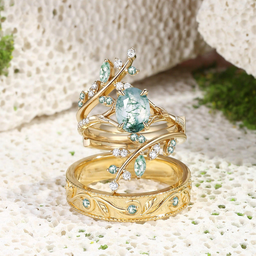 Daphne’s Canopy | Oval Cut Green Moss Agate Cluster Couple Ring Set.