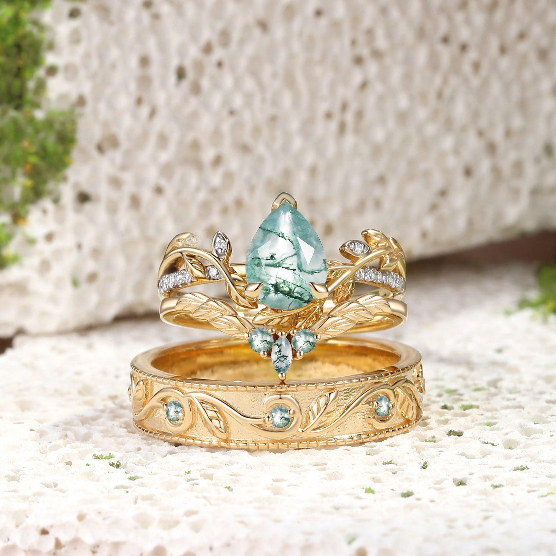 Juniper’s Copse | Pear Cut Moss Agate Cluster Couple Ring Set.