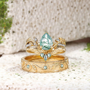 Juniper’s Copse | Pear Cut Moss Agate Cluster Couple Ring Set.