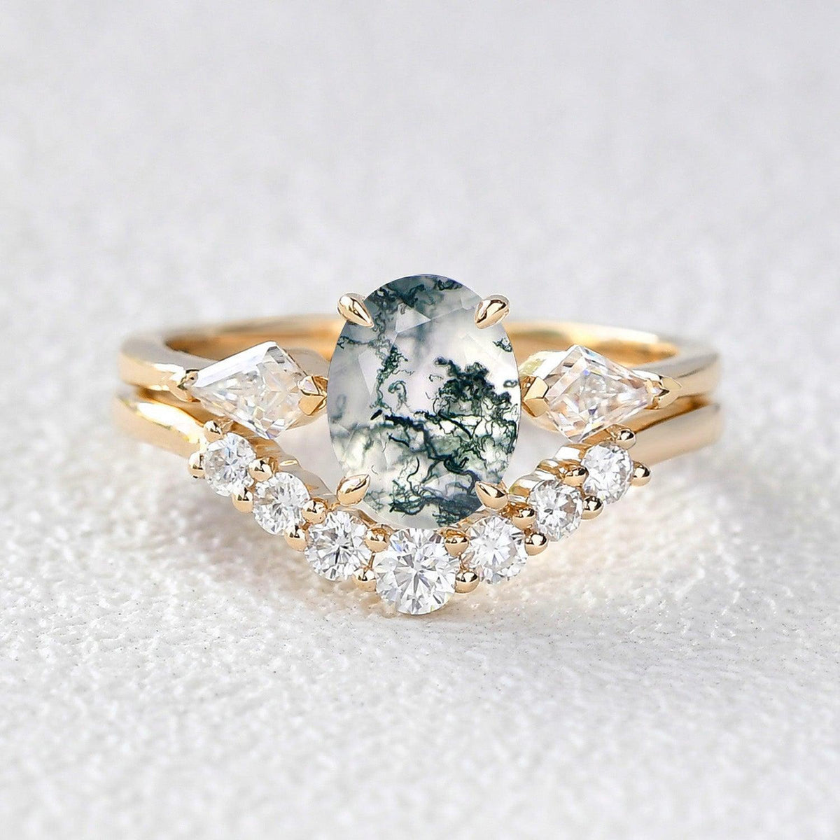 Delphine’s Wings | Oval Moss Agate Three Stone Bridal Set 2pcs.