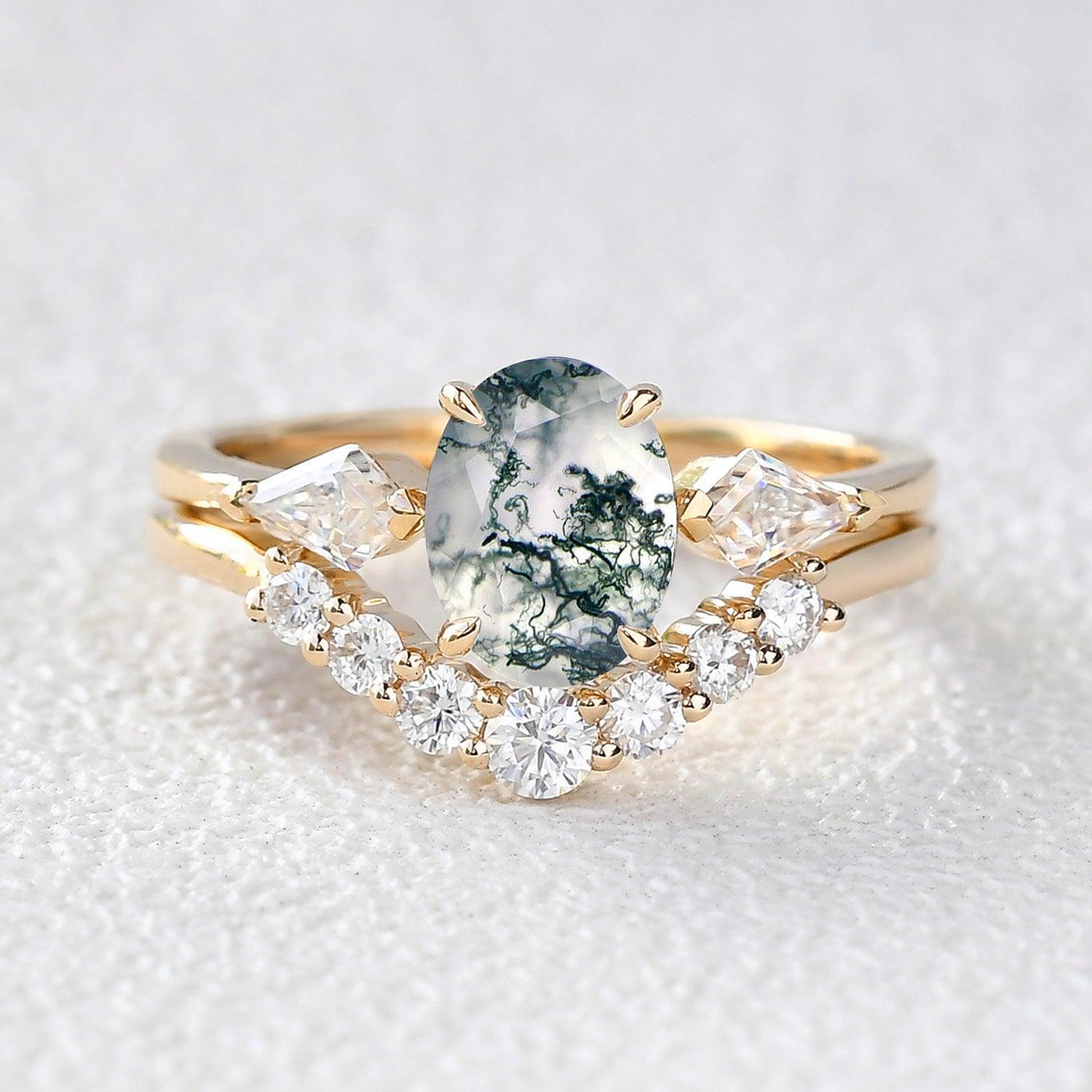 Delphine’s Wings | Oval Moss Agate Three Stone Bridal Set 2pcs.