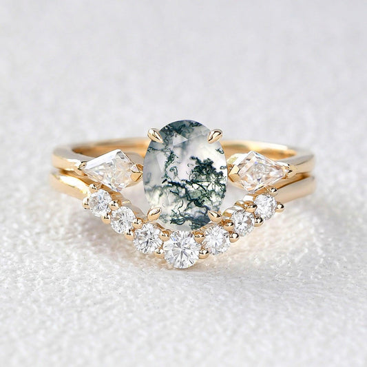 Delphine’s Wings | Oval Moss Agate Three Stone Bridal Set 2pcs.
