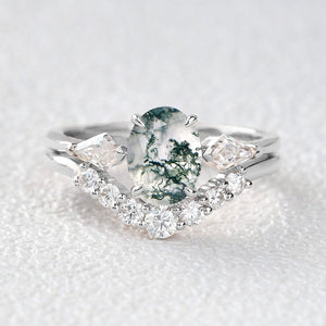 Delphine’s Wings | Oval Moss Agate Three Stone Bridal Set 2pcs.