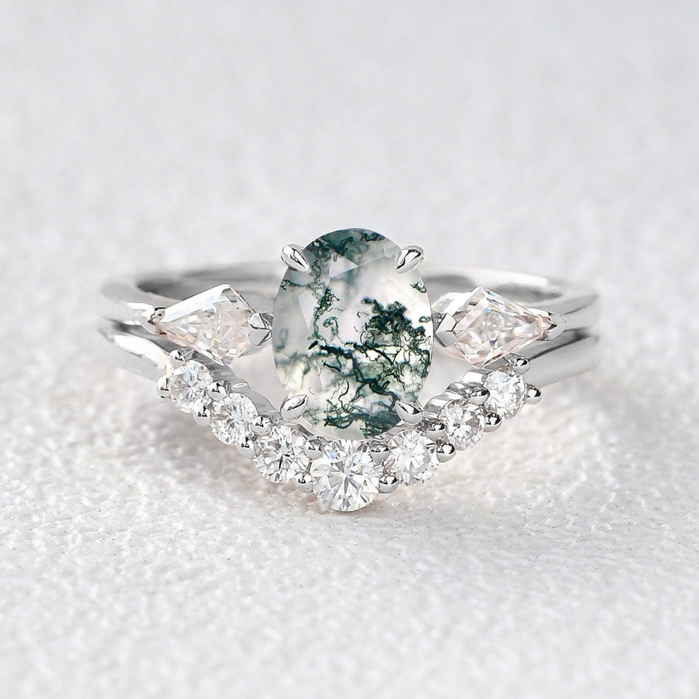Delphine’s Wings | Oval Moss Agate Three Stone Bridal Set 2pcs.