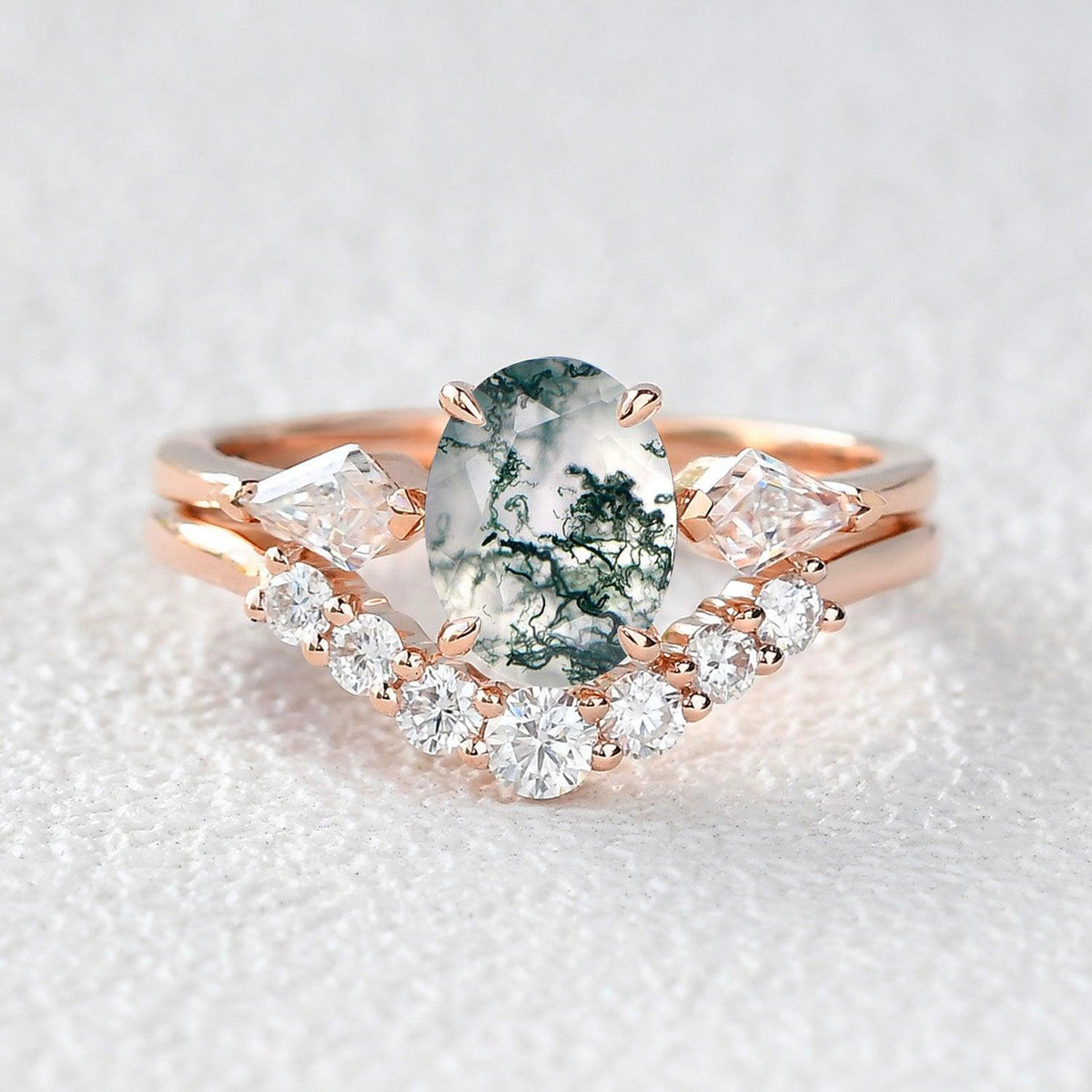 Delphine’s Wings | Oval Moss Agate Three Stone Bridal Set 2pcs.