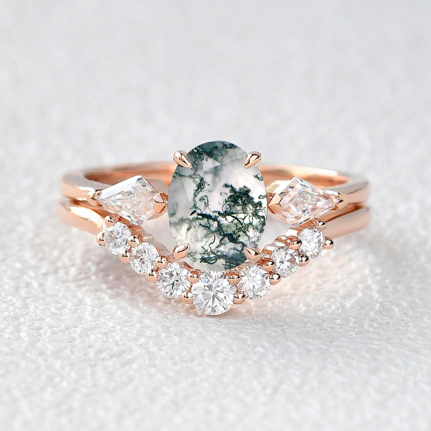 Delphine’s Wings | Oval Moss Agate Three Stone Bridal Set 2pcs.