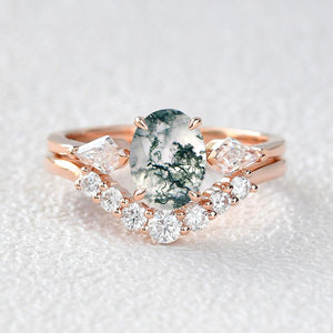 Delphine’s Wings | Oval Moss Agate Three Stone Bridal Set 2pcs.